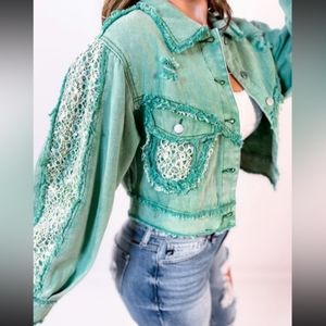 STUNNING!  SEQUIN & DISTRESSED oversized crop Green POL Jacket